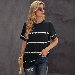 条纹t恤女士百搭锁边套头短袖宽松针织衫欧美跨境女装新款