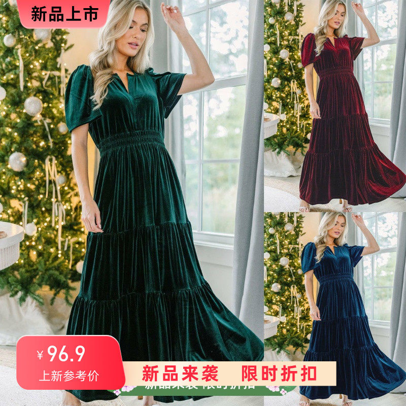 高档丝绒简约纯色短袖连衣裙女2024春秋新款修身显瘦V领女士长裙