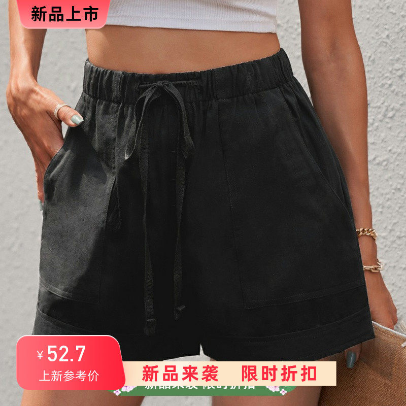 欧版工装五分短裤女夏季宽松高腰系带裤子个性休闲薄款黑色阔腿裤