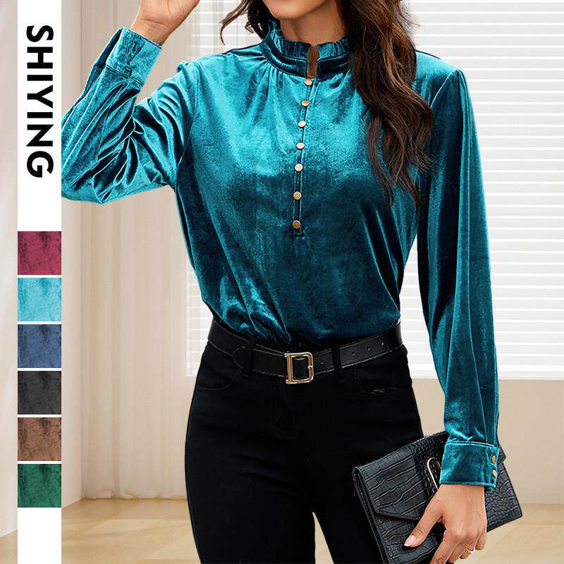 欧美新款丝绒长袖上衣女跨境秋季钮扣半门襟宽松纯色套头衫女