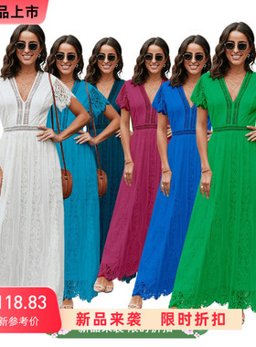 2024秋新款V领长裙女短袖欧美白色仙女裙子蕾丝短袖连衣裙611316