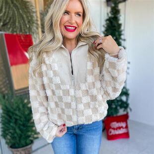 格纹宽松外套女士百搭肌理夹克休闲割绒上衣欧美跨境女装新款