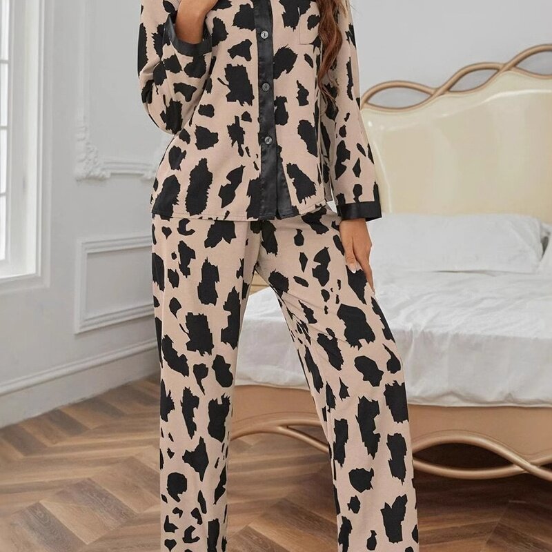 秋季薄款印花仿真丝开衫长裤睡衣女欧美舒适冰丝女家居休闲套装