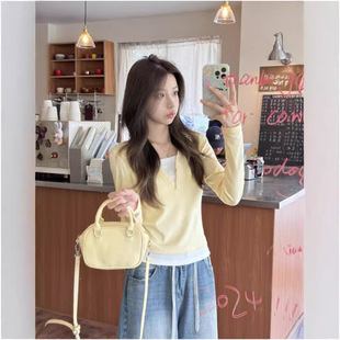 【一折专区】MAMMJUDX嫩黄色假两件长袖T恤女早秋季设计感小众修