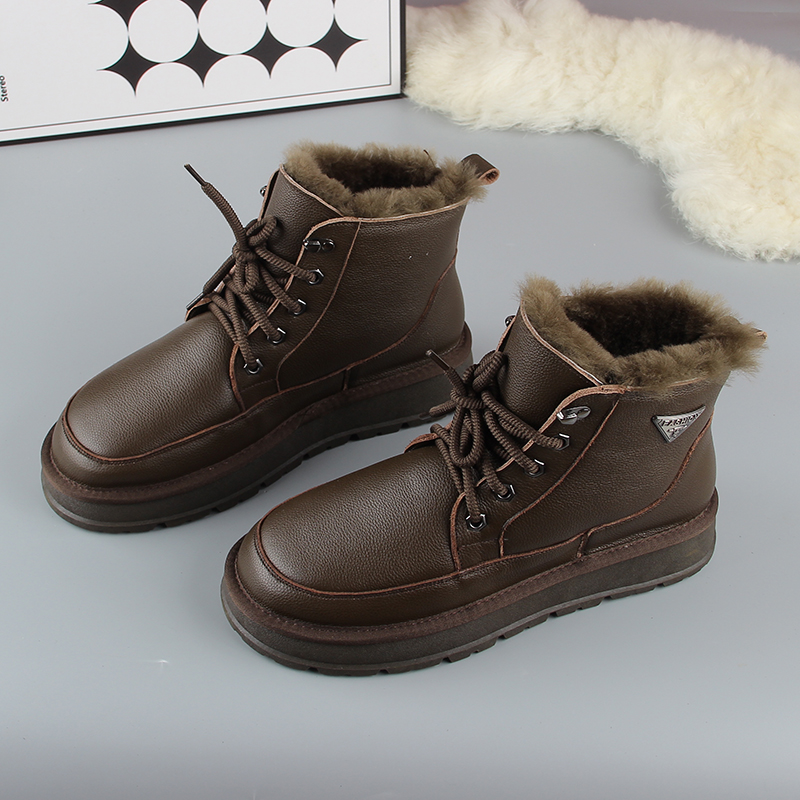 男士真皮系带全羊毛保暖雪地靴冬