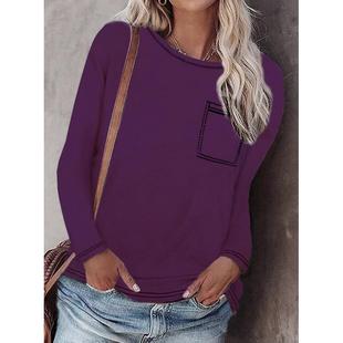 Neck Sleeve Loose Long Casual Pocket Solid Round Color