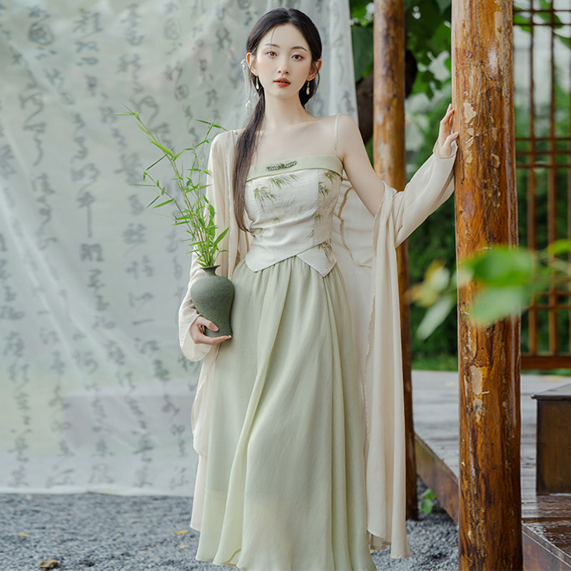新中式国风套装超仙广袖流仙汉服女夏季新款改良汉元素吊带连衣裙