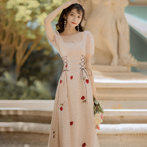 法式复古波点雪纺连衣裙2023新款夏仙女裙子气质超仙系带收腰长裙