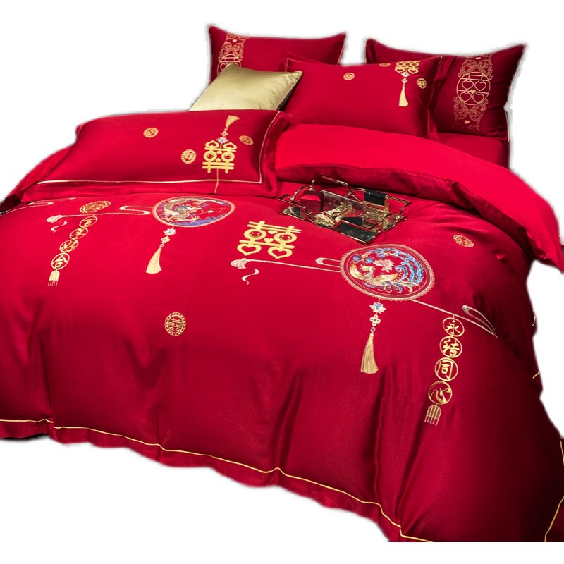 高档婚庆全棉四件套纯棉被套床单红色被单被罩结婚高档床上用品秋