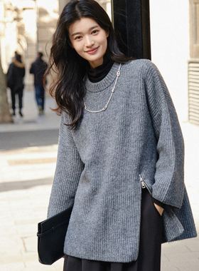 韩版纯灰色圆领毛衣女秋冬季加厚设计感小众复古拉链开叉针织衫潮
