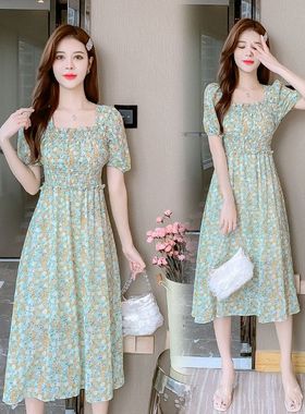 韩版雪纺泡泡袖绿色碎花方领显瘦小清新短袖中长款连衣裙夏季新款