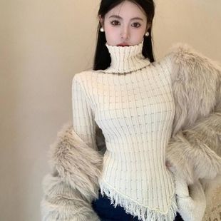韩系洋气修身高领针织打底衫女秋冬季不规则流苏毛衣内搭别致上衣