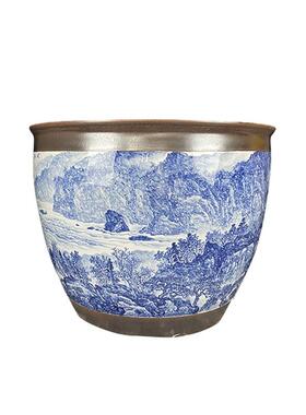 颜色釉边角缸身峡江烟定制缸工艺品摆件云山水图景德镇陶瓷缸青花