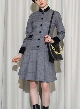 idem·英伦风丝线格子拼接短款法宫廷风连衣裙