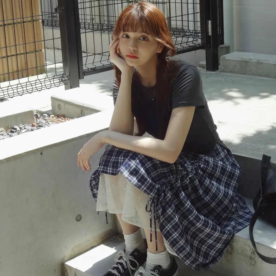 idem·层次感蕾丝底格纹垂感系带格子半身裙