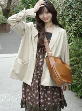 idem 日系显瘦蝴蝶结休闲宽松西服灰色小西装外套女