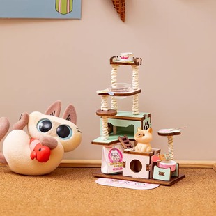 猫爬架木制娃屋摆件搭罗小黑萌粒微缩模型玩具微缩模型场景艺馨