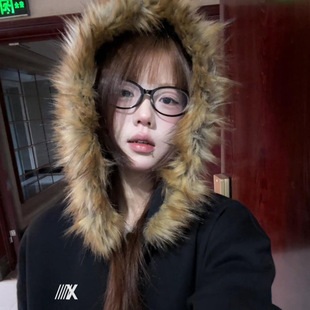 卫衣女秋冬黑色毛领连帽加绒加厚美式复古小个子穿搭拉链开衫外套