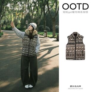 复古羊羔毛绒费尔岛提花马甲女秋冬坎肩2025马夹外套其他源头工厂