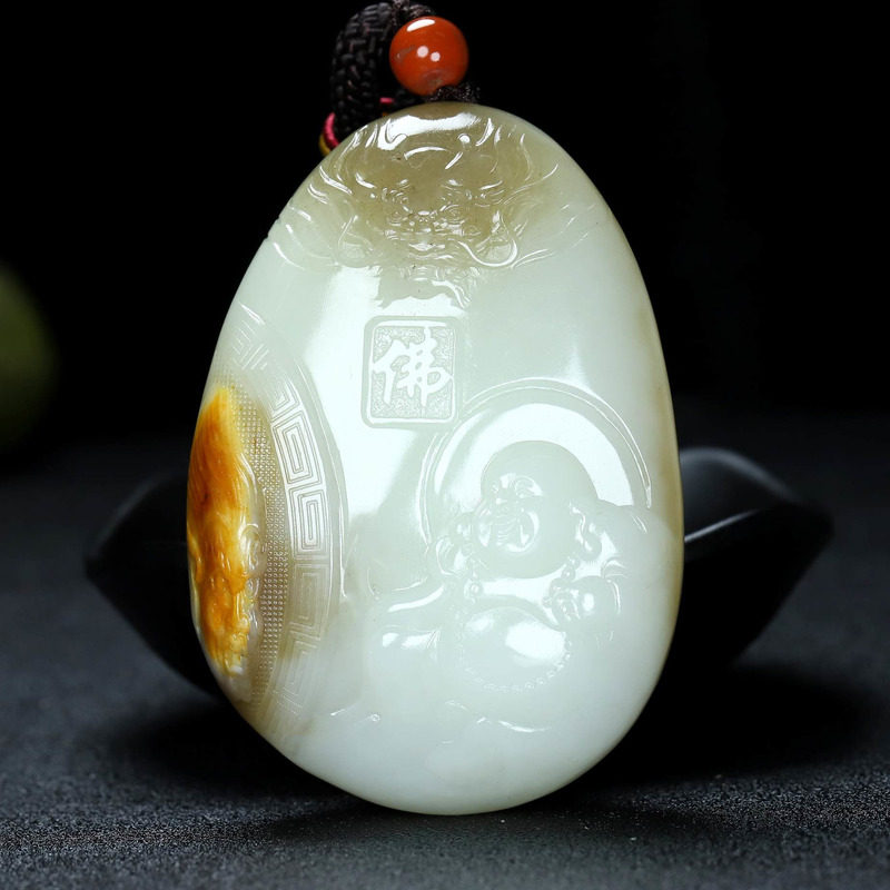 天然新疆和田玉吊坠青玉弥勒佛笑佛挂件男女款大师作品F73