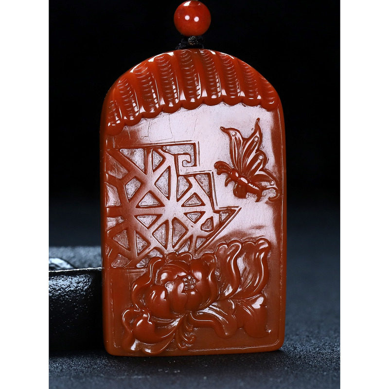 天然凉山南红玛瑙柿子红吊坠花鸟挂件 蝶恋花 男女款115