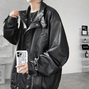 日工装 新款 上市系立领PU皮衣外套男美式 高街痞帅机车服夹克大码