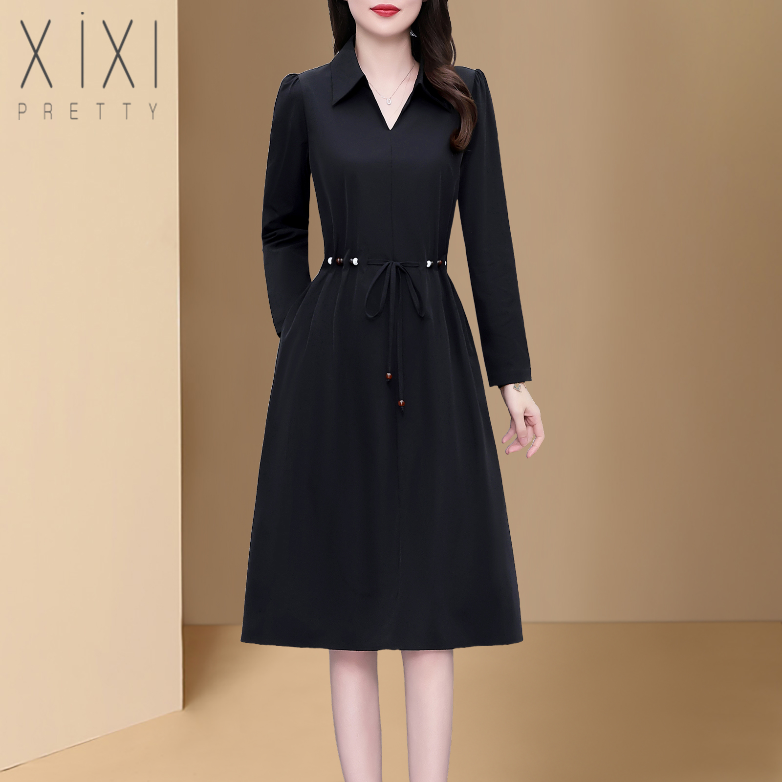 中年妈妈新款长袖连衣裙遮肚显瘦