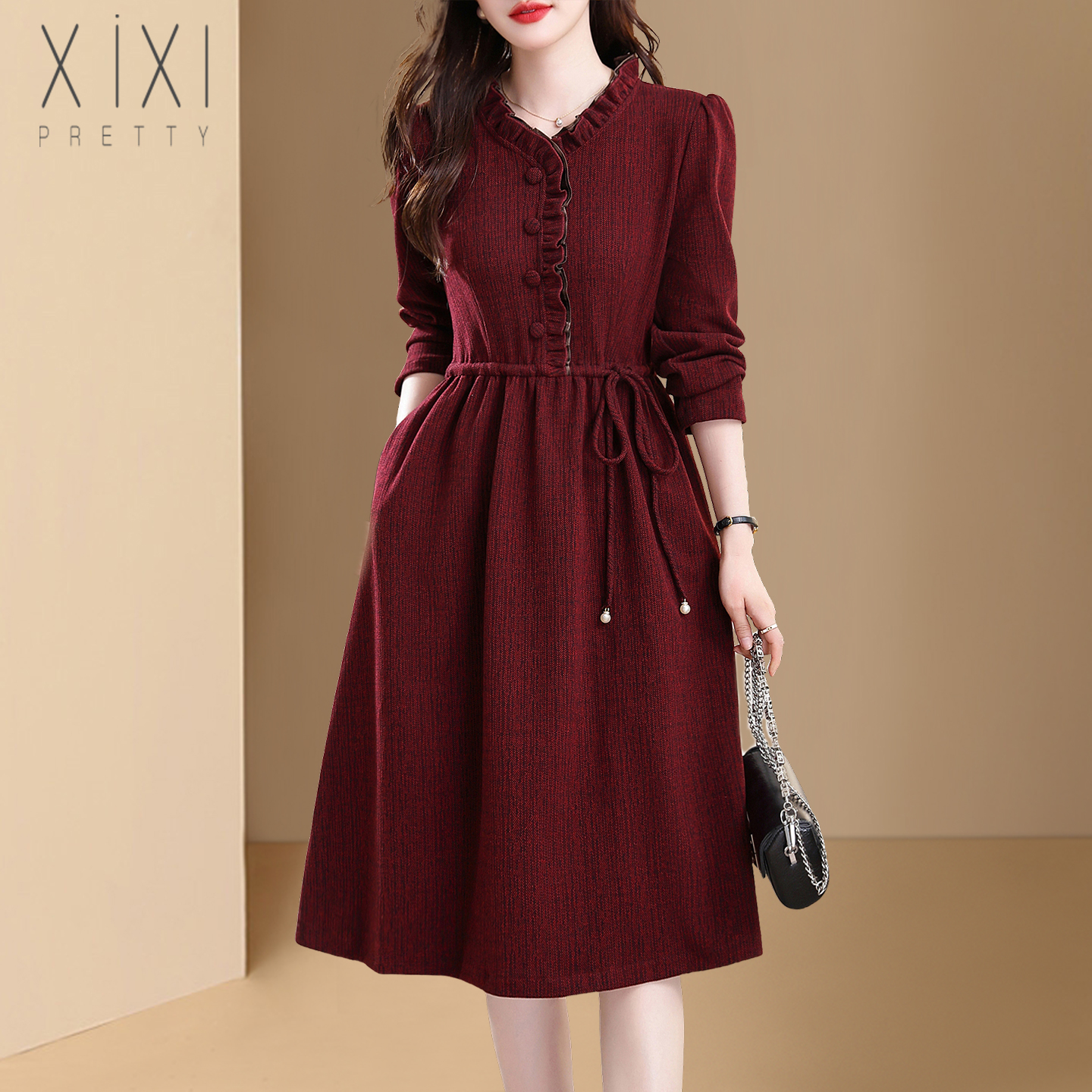 妈妈新款酒红色加厚连衣裙有口袋