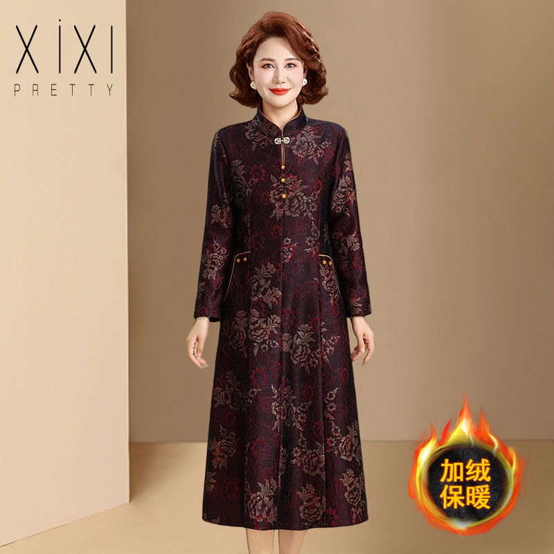 中老年秋冬加绒加厚旗袍连衣裙女