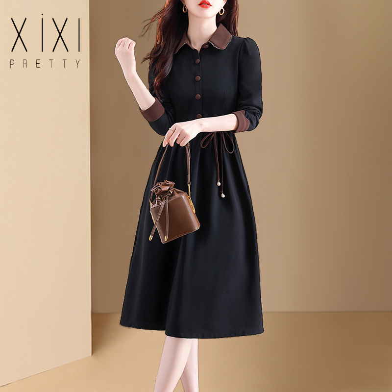 华夫格女士咖啡色单层连衣裙