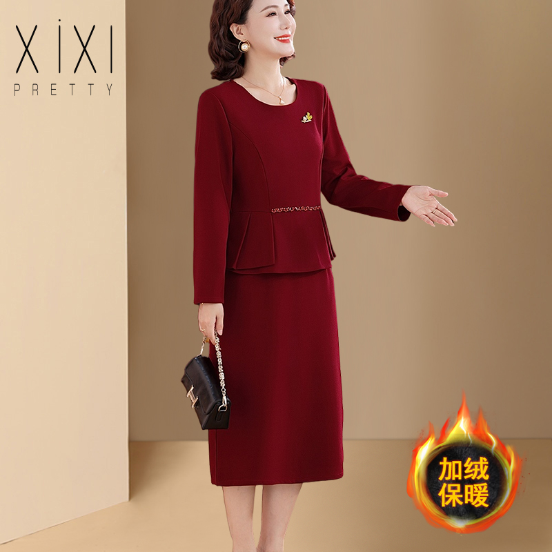 冬季加绒红色礼服连衣裙高档