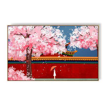 古风美景庭子间枫叶diy数字油画 故宫建筑红墙梅花手绘填色油彩画