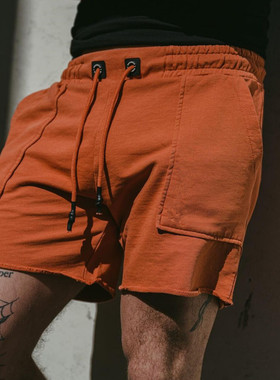 运动短裤男夏季户外系带不过膝四分裤橙色美式健身跑步训练裤子潮