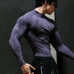 恶魔来袭半高领健身长袖 紧身训练衣服 T恤男速干透气高弹圆领美式