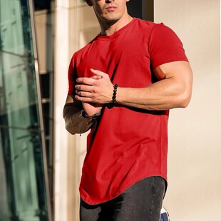 健身衣服男夏季弹力收口肌肉圆领T恤圆下摆纯色兄弟运动训练短袖