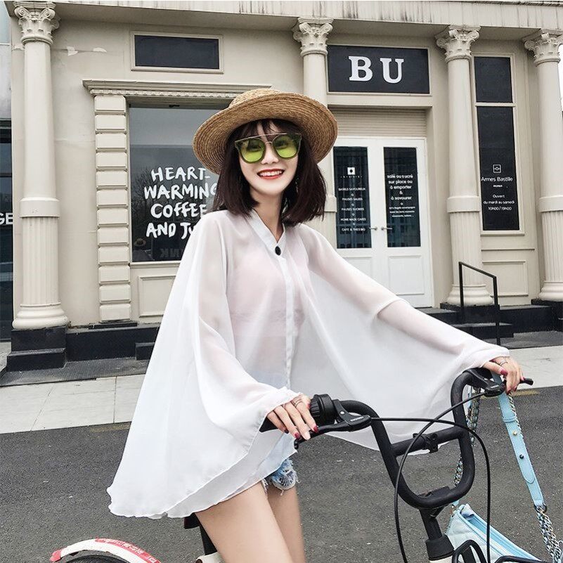 防晒披肩女2019夏季新款骑车开车防晒衣夏季披肩女夏丝巾斗篷雪纺