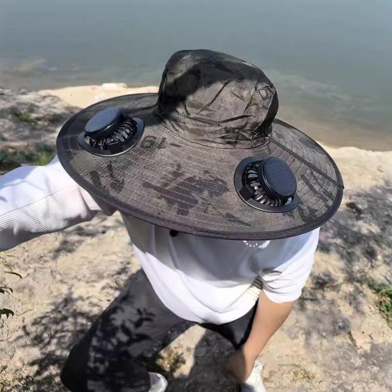 户外大檐带风扇迷彩渔夫帽子男女夏季登山钓鱼帽多功能遮阳防晒帽