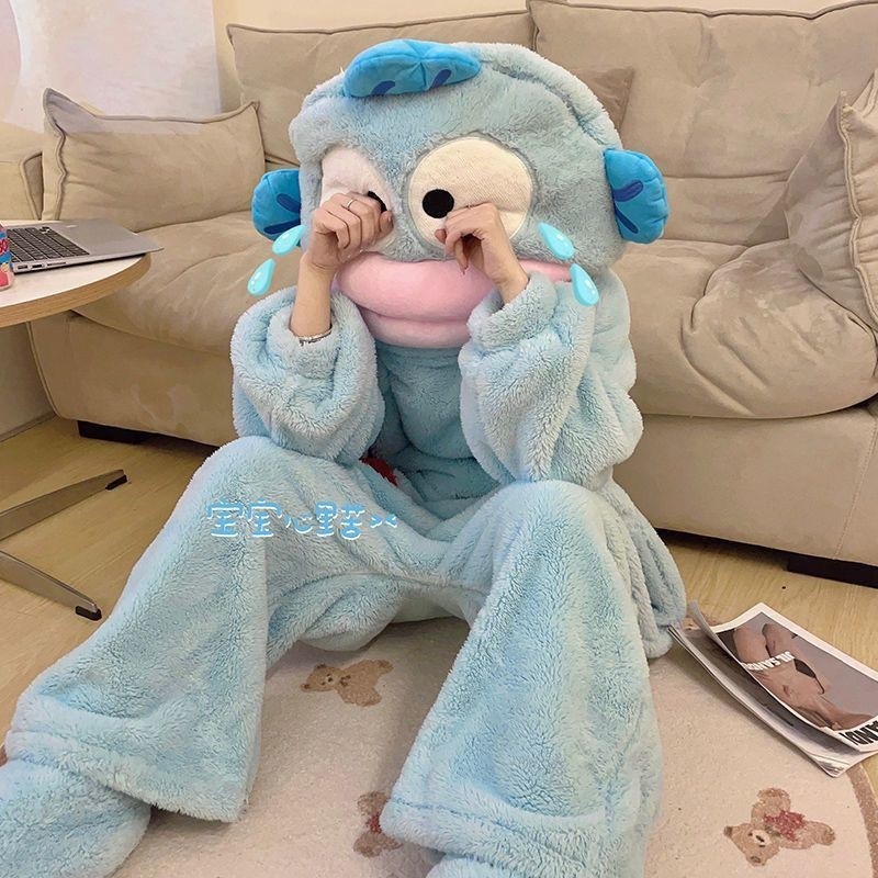 可爱汉顿丑鱼连体睡衣女珊瑚绒加厚保暖秋冬卡通搞怪情侣睡袍长款