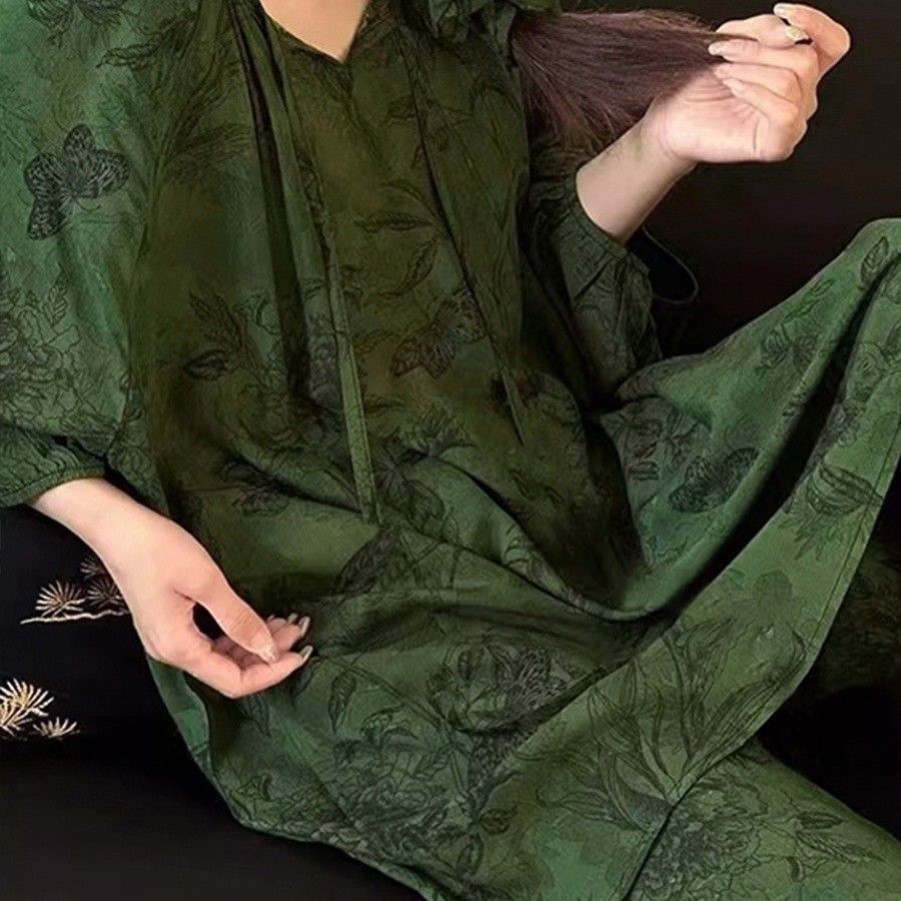 新中式棉绸套头睡衣女士长袖套装睡衣中国风空调服森系夏季家居服
