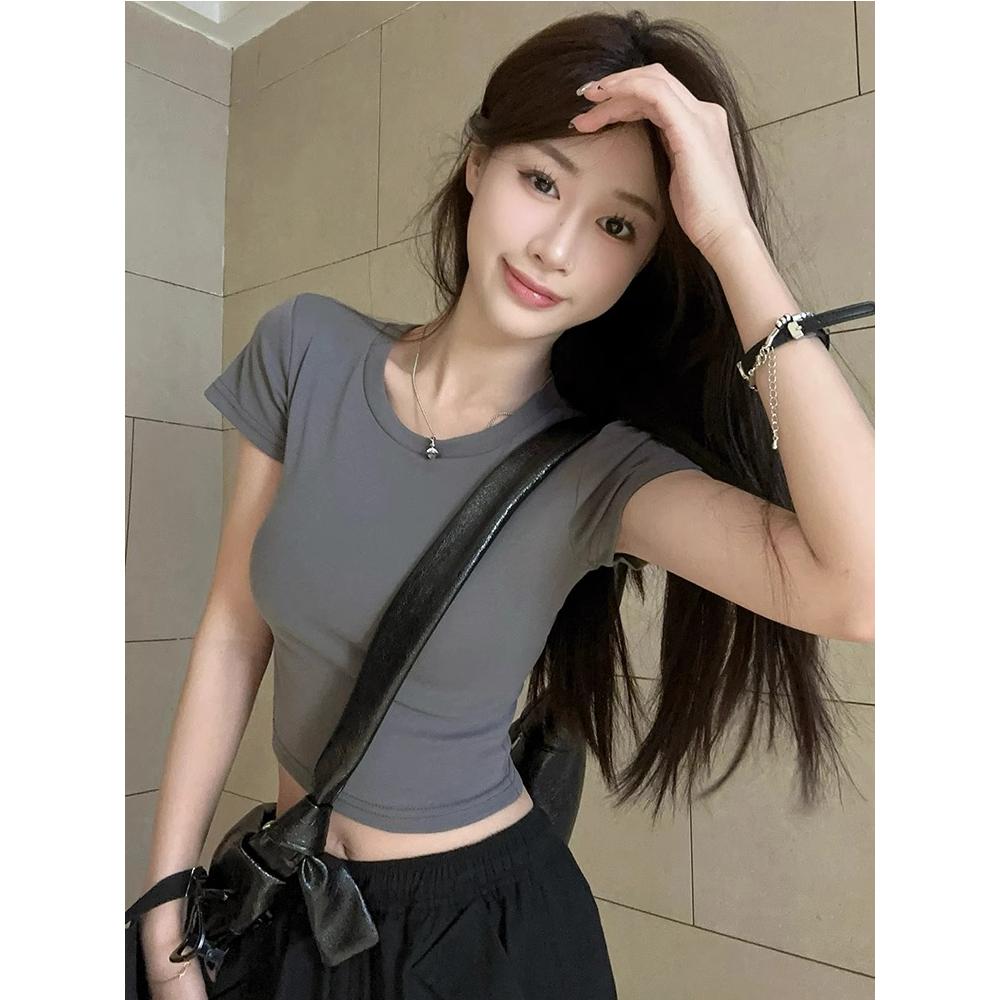 美式辣妹正肩圆领短袖T恤女夏内搭修身显瘦chic高腰露脐短款上衣