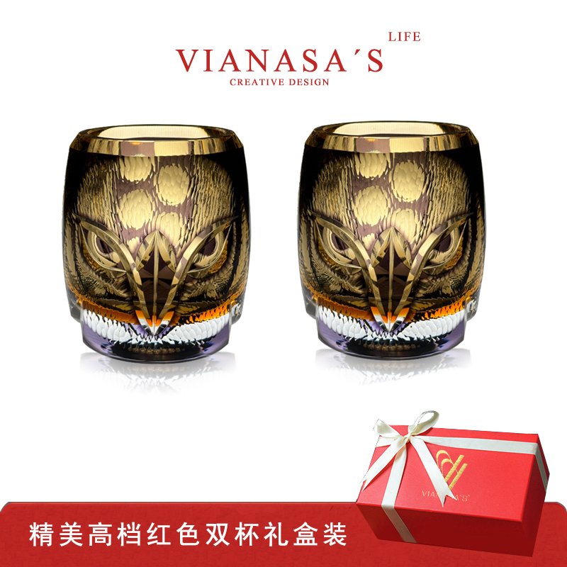 江户切子大师典藏款猫头鹰水晶杯