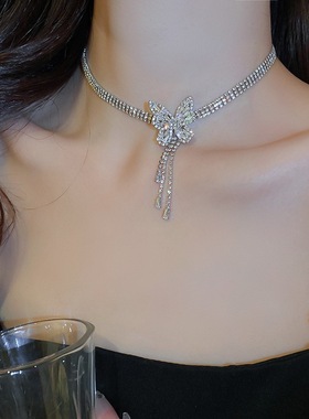 气质轻奢镶钻锆石蝴蝶流苏颈链女