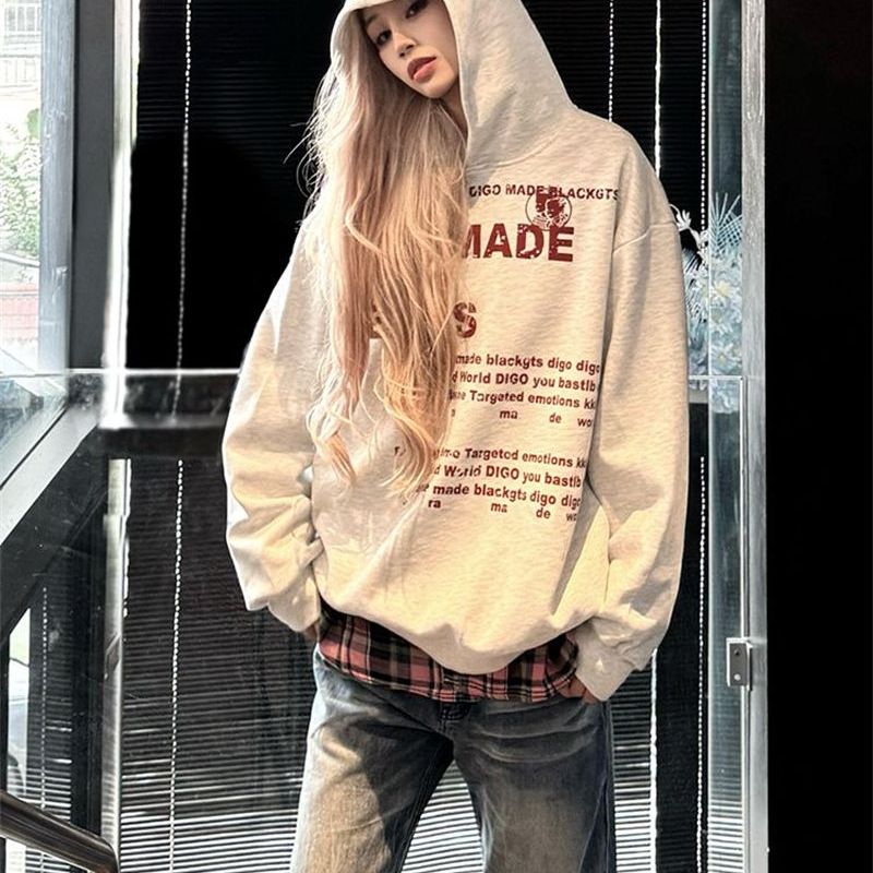 PPHOME美式复古字母印花连帽卫衣女秋季新款宽松显瘦百搭上衣外套