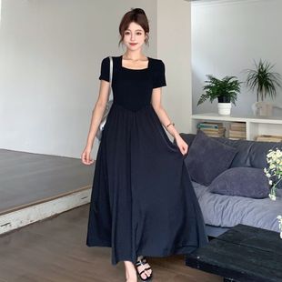 PPHOME法式 小个子高级感长裙子甜美风连衣 方领显瘦黑色女夏季 新款