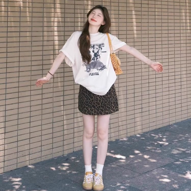 PPHOME美式复古纯棉小狗印花大t恤宽松短袖圆领韩系上衣女
