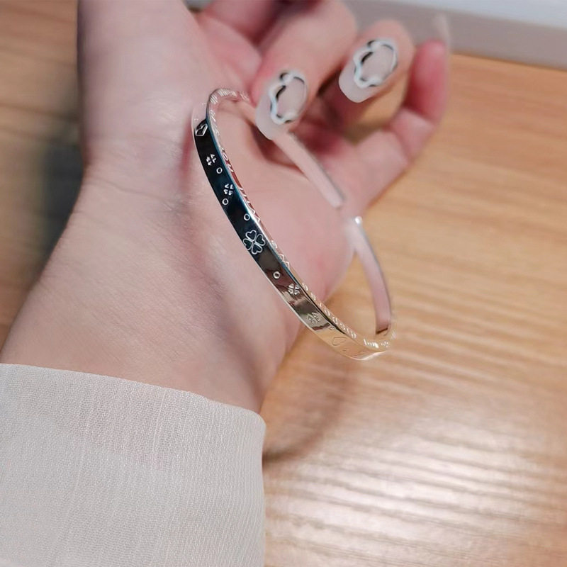 入梦s999足纯银手镯子四叶草开口手环简约时尚英文手饰生日礼品女
