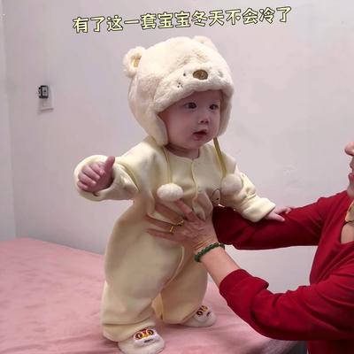 婴儿秋冬帽子加绒加厚防风毛绒护耳帽宝宝外出保暖夹棉百搭连体衣