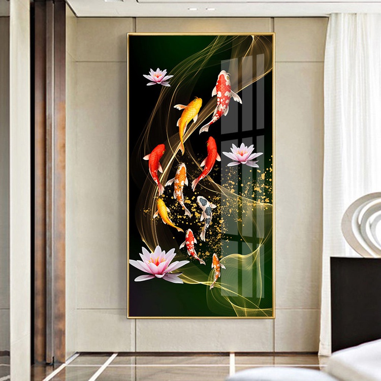 晶瓷画玄关装饰画招财九鱼图挂画新中式轻奢竖版走廊