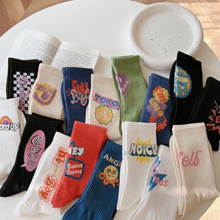 袜子女ins潮春夏运动潮流长袜棉质字母中筒袜男女春夏款ins潮棉袜