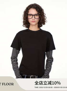 【王玉雯同款】FIRSTFLOOR 设计感假两件打底撞色条纹拼接长袖t恤